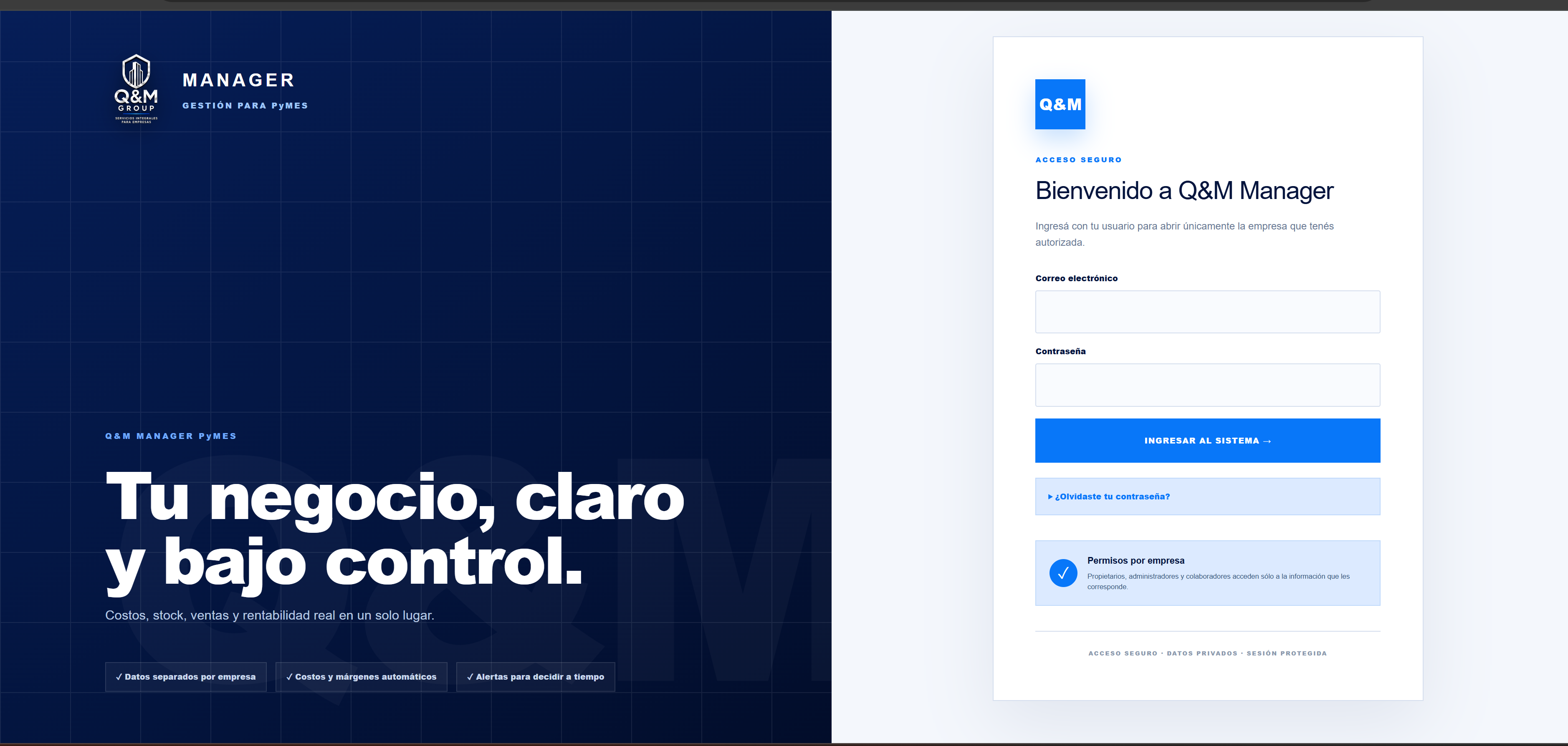 Pantalla de acceso de Q&M Manager, plataforma de gestión para PyMEs