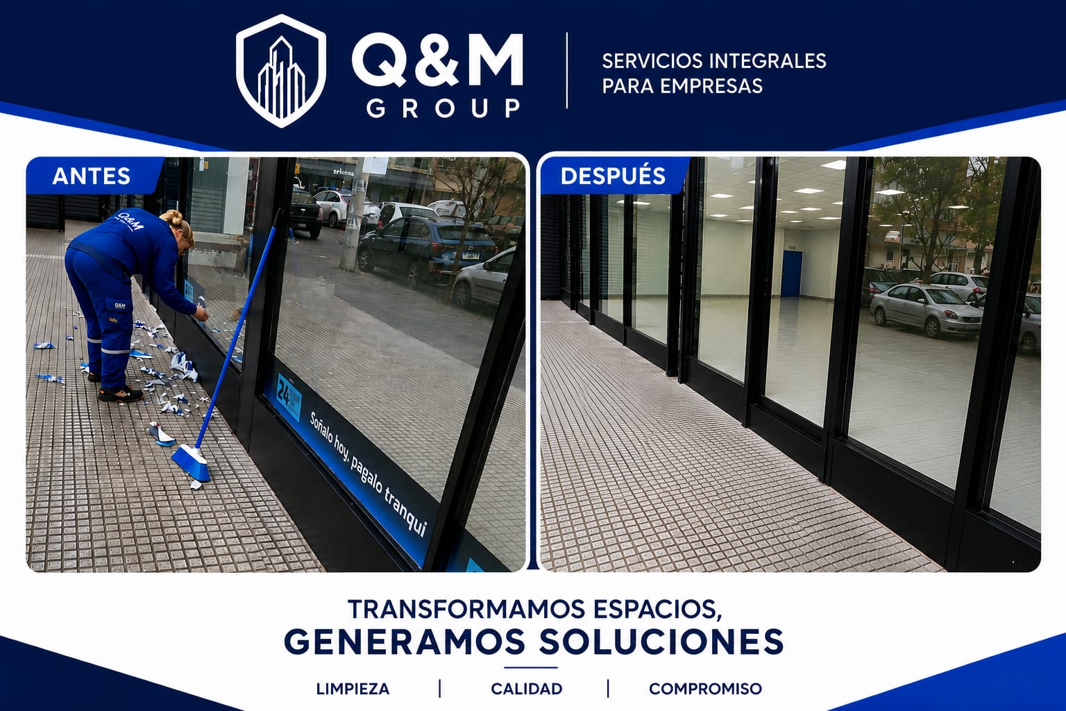 Antes y después de la limpieza del frente vidriado de un local